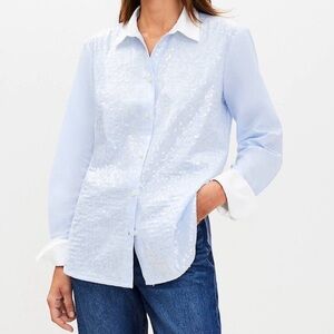 LOFT Blue Sequin Button Down Shirt XL NWT 100% Cotton 🤍